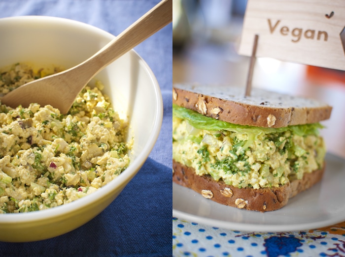 Vegan egg salad on a sandwich