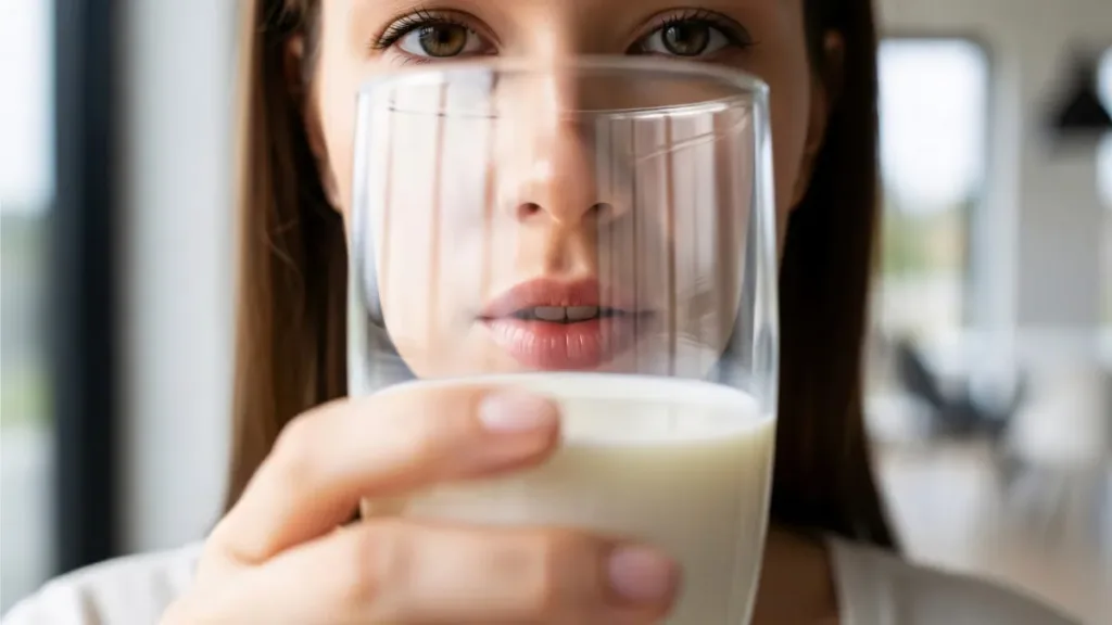 Close up of woman holding glass of milk in front of her face